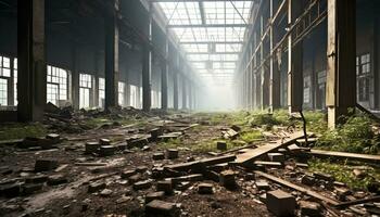 ai généré ruiné usine, cassé fenêtre, rouillé acier, faible couloir généré par ai photo