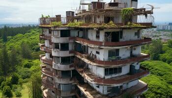 ai généré sale construction placer, endommagé gratte-ciel, abandonné Résidentiel bâtiment généré par ai photo