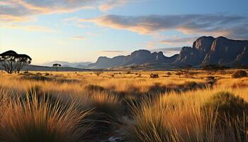 ai généré le coucher du soleil plus de africain montagnes, herbeux prairie, tranquille beauté généré par ai photo