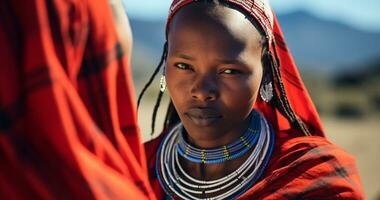 ai généré magnifique Jeune africain femme souriant, à la recherche à caméra généré par ai photo