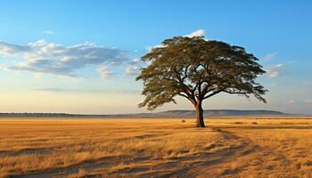 ai généré tranquille prairie, vert herbe, le coucher du soleil plus de horizon généré par ai photo