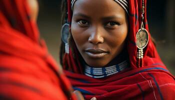 ai généré Jeune africain femme souriant, à la recherche à caméra en plein air généré par ai photo