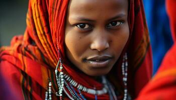ai généré Jeune africain femme dans traditionnel Vêtements souriant en plein air généré par ai photo