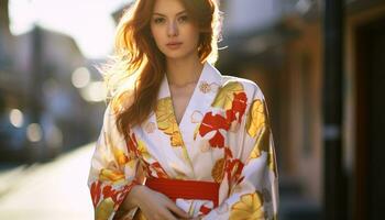 ai généré magnifique Jeune femme dans traditionnel Japonais Vêtements généré par ai photo