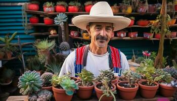 ai généré souriant agriculteur vente mis en pot les plantes à le marché généré par ai photo