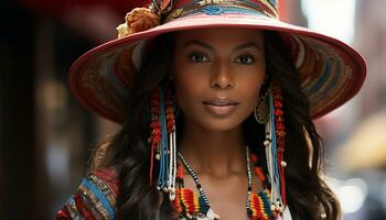 ai généré souriant Jeune femme dans traditionnel vêtements, exsudant élégance généré par ai photo