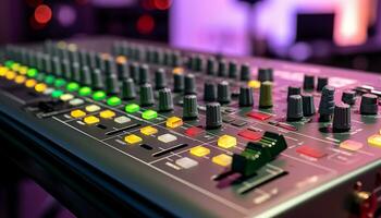 ai généré du son mixer ajustement boutons dans enregistrement studio généré par ai photo