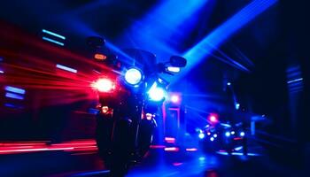 ai généré flou mouvement de brillant bleu voiture enflammer vie nocturne généré par ai photo