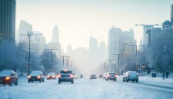 ai généré neige paysage urbain, flou mouvement, disparition indiquer, illuminé gratte-ciel généré par ai photo