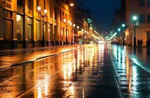 ai généré ville rue illuminé par rue lumières à nuit généré par ai photo