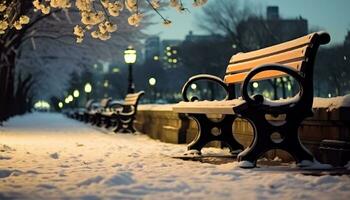 ai généré hiver nuit, neige couvert banc en dessous de lanterne allumé arbre généré par ai photo