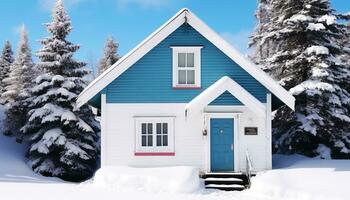 ai généré neige couvert chalet dans hiver, entouré par la nature généré par ai photo