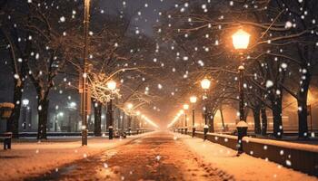 ai généré hiver nuit, neige en plein air, illuminé arbre, la nature crépuscule généré par ai photo