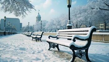 ai généré neige couvert banc dans hiver, paysage urbain congelé dans temps généré par ai photo