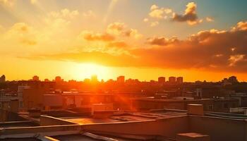 ai généré le coucher du soleil plus de Urbain ligne d'horizon, industrie silhouettes contre vibrant ciel généré par ai photo