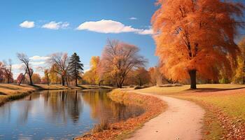 ai généré l'automne arbre reflète vibrant couleurs dans tranquille étang généré par ai photo