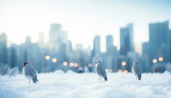 ai généré mouette en volant plus de neigeux paysage urbain à crépuscule généré par ai photo