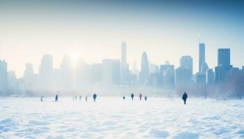 ai généré grattes ciels silhouette paysage urbain, neige couvert bâtiments dans hiver généré par ai photo