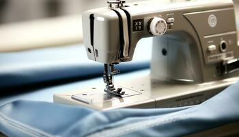 ai généré couture machine travail sur textile industrie à l'intérieur généré par ai photo