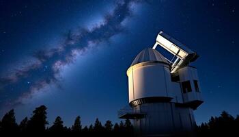 ai généré en train de regarder le nuit ciel, une galaxie de Découverte généré par ai photo