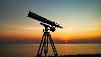 ai généré silhouette en train de regarder coucher de soleil, astronomie télescope découvre laiteux façon généré par ai photo