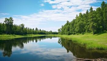 ai généré tranquille scène de vert Prairie reflète dans étang généré par ai photo