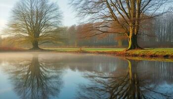 ai généré l'automne arbre reflète tranquille étang, la nature beauté généré par ai photo