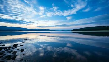 ai généré tranquille scène, bleu l'eau reflète le le coucher du soleil généré par ai photo