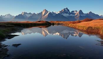 ai généré majestueux Montagne de pointe reflète tranquille le coucher du soleil plus de l'eau généré par ai photo