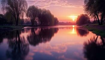 ai généré tranquille scène de le coucher du soleil reflète sur l'eau généré par ai photo