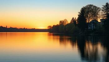 ai généré tranquille le coucher du soleil reflète la nature beauté sur l'eau généré par ai photo