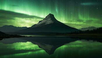 ai généré majestueux Montagne de pointe reflète étoilé nuit ciel généré par ai photo