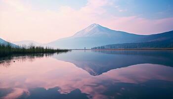 ai généré majestueux Montagne intervalle reflète tranquille le coucher du soleil plus de l'eau généré par ai photo