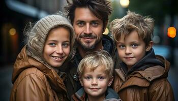 ai généré souriant famille embrassement en plein air, profiter hiver ensemble généré par ai photo