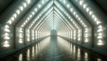 ai généré futuriste couloir avec brillant bleu verre plafond généré par ai photo