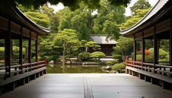 ai généré tranquille étang reflète l'automne des arbres dans Japonais jardin généré par ai photo