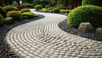 ai généré tranquille chemin courbes par luxuriant vert paysager jardin généré par ai photo