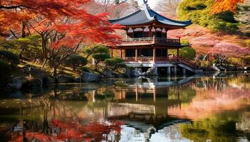 ai généré l'automne réflexion sur tranquille étang, Japonais érable beauté, généré par ai photo