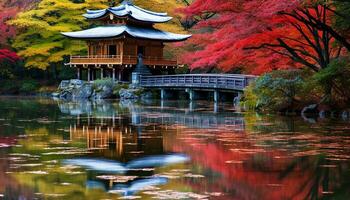 ai généré l'automne feuilles réfléchir sur tranquille étang, Japonais beauté, généré par ai photo