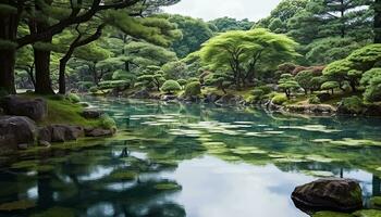 ai généré tranquille scène de vert forêt, reflétant dans étang, généré par ai photo