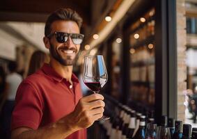 ai généré souriant homme en portant du vin verre jouit intérieur fête généré par ai photo