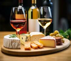 ai généré gourmet du vin et fromage sur rustique en bois table généré par ai photo