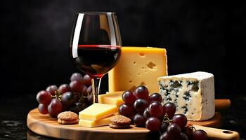ai généré gourmet du vin et fromage sur rustique en bois table généré par ai photo