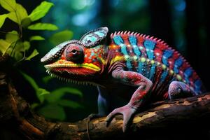 ai généré coloré caméléon sur une branche dans le forêt, proche en haut de brillant caméléon sur le branche sur foncé arrière-plan, ai généré photo