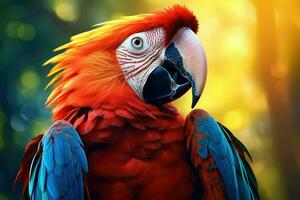 ai généré proche en haut photo de ara perroquet, coloré portrait de amazone ara perroquet contre jungle. côté vue de sauvage perroquet tête . faune et forêt tropicale exotique tropical des oiseaux ai généré