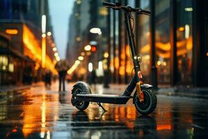 ai généré électrique scooter sur une ville nuit rue, électrique scooter dans le ville paysage, permanent sur le route, électrique scooter dans le ville, ai généré photo