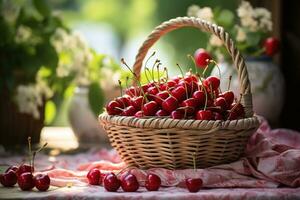 ai généré panier rempli avec mûr rouge savoureux Cerise sur une rustique flou Contexte photo