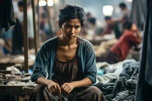 ai généré portrait de une triste Jeune femme travail dans une vêtement usine parmi tissus et outils photo