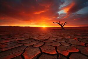 ai généré brillant coloré nuageux lever du soleil plus de une séchage arbre sur fissuré désert sol photo