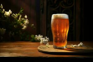 ai généré une verre de Bière sur une en bois table à nuit, une verre de Bière sur une en bois tableau. ai généré photo